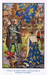 Franz I., der König von Frankreich, erhält den Ritterschlag von Bayard